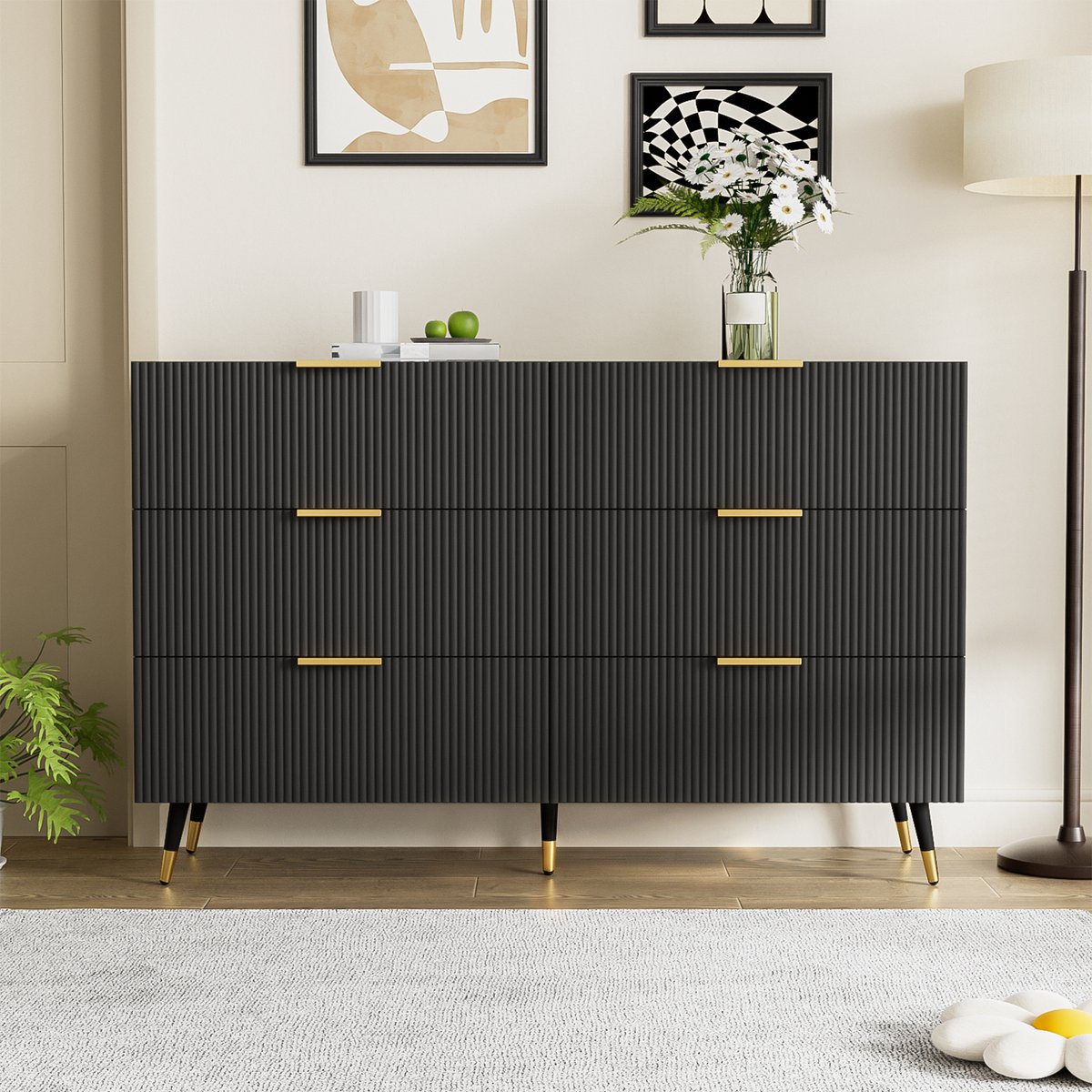 Zubaliya Sideboard - 120x40x77 cm - 6 laden & gouden poten/handgrepen - golfvormig design - 15 cm pootjes Wit