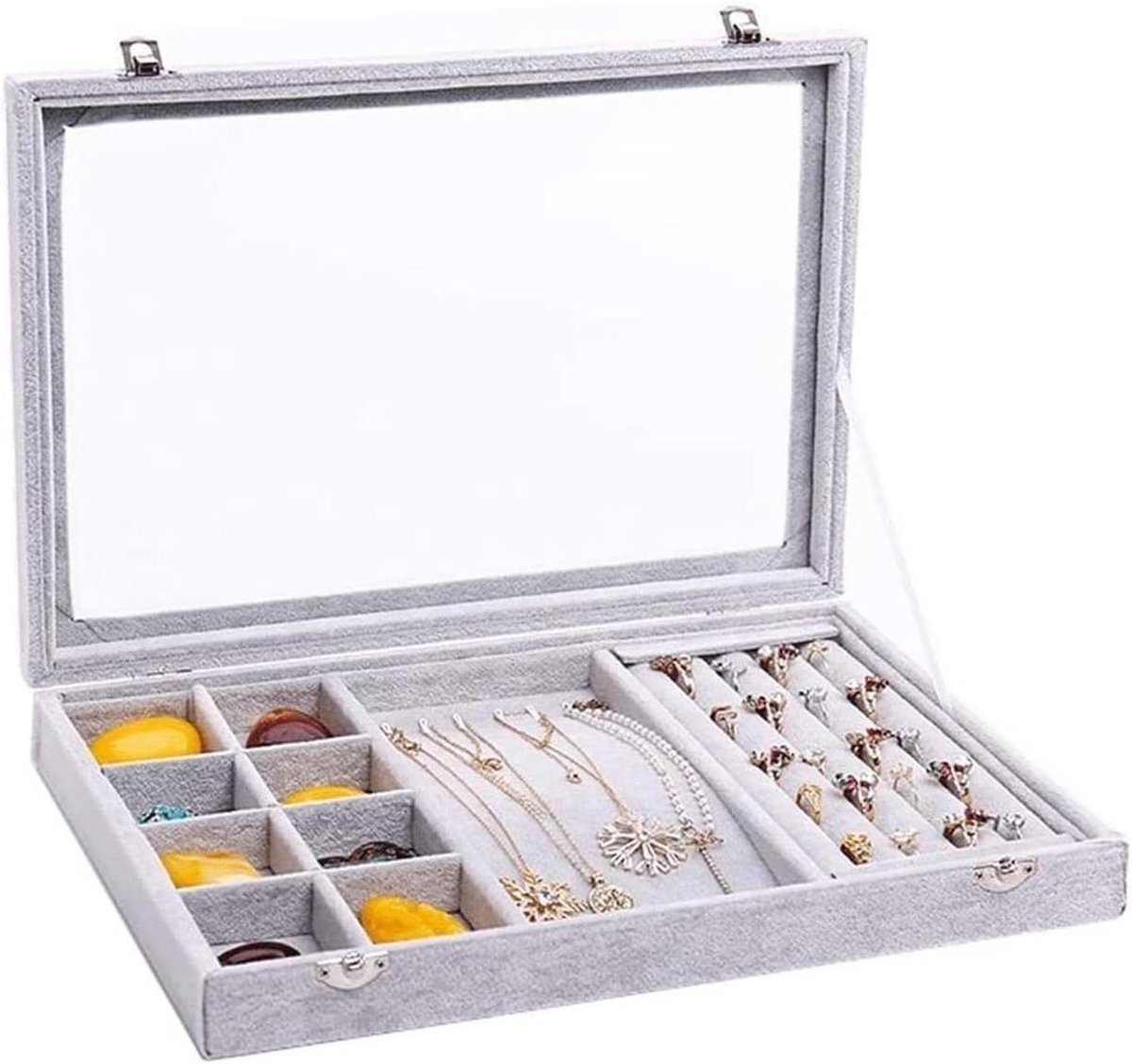 Sieradenkist Organizer - Juwelendoos Lade - Sieraden Opbergen - Transparant Glazen Deksel - 24x35x5 cm - Grijs Zwart