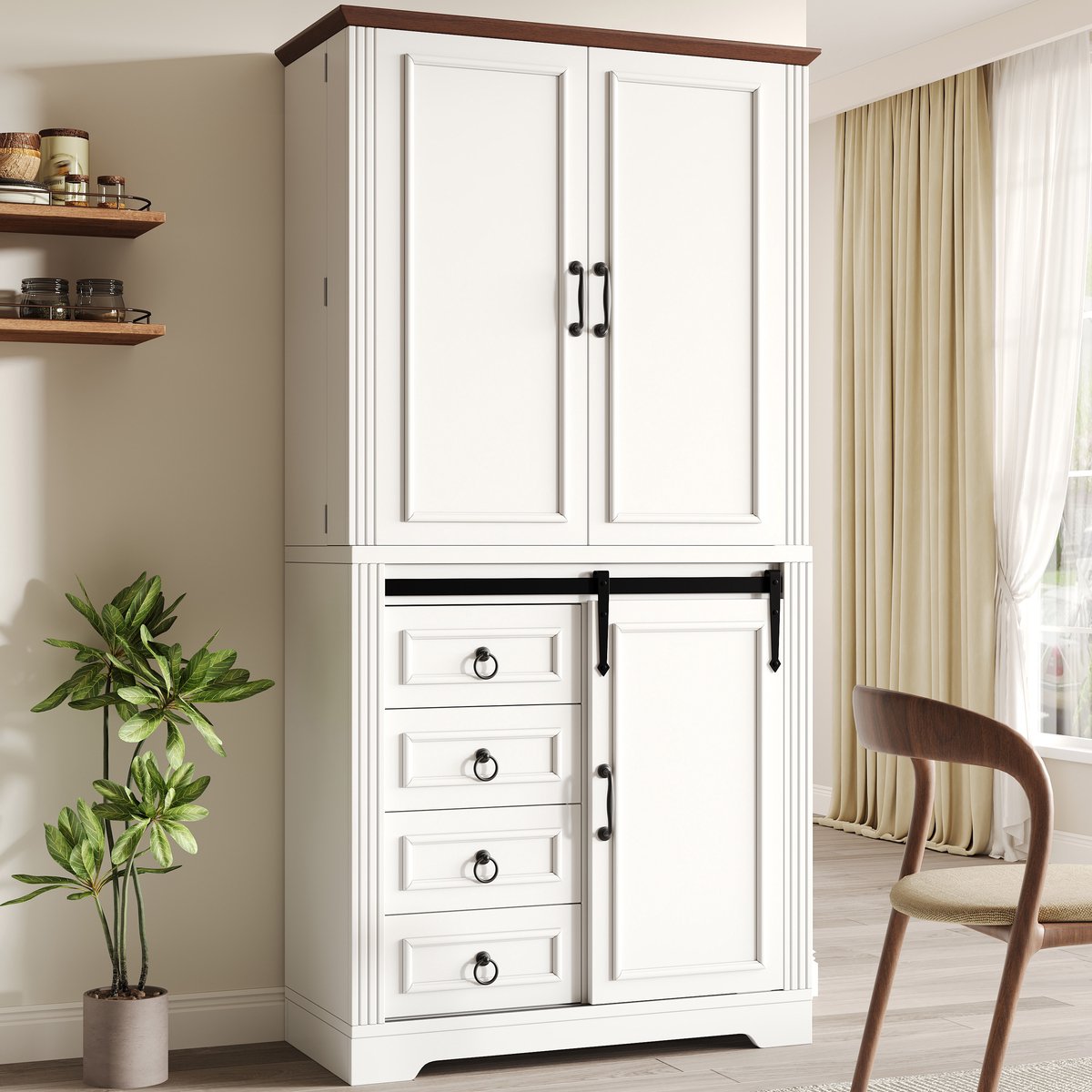 MODENUIT Hoge Kast - Kantelbeveiliging En Softclose - 4 Lades En Verstelbare Planken Voor Keuken - MDF - Wit - 80x39,8x180 Cm