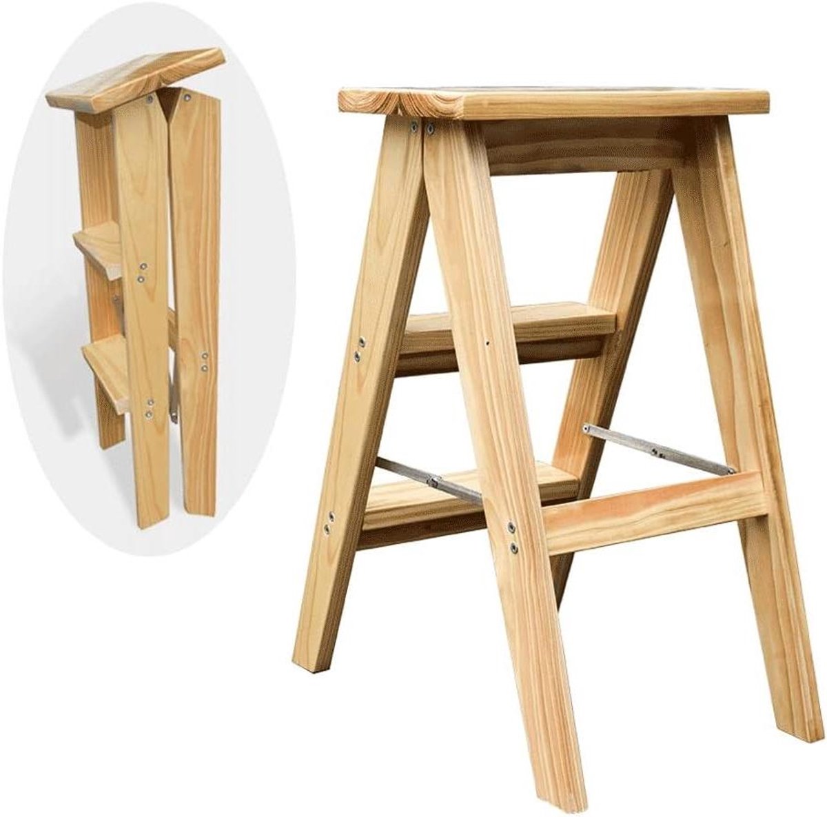 Houten vouwkruk - Draagbare kruk - Keuken zitplaats - Stabiele structuur - 70 cm - Houtkleur