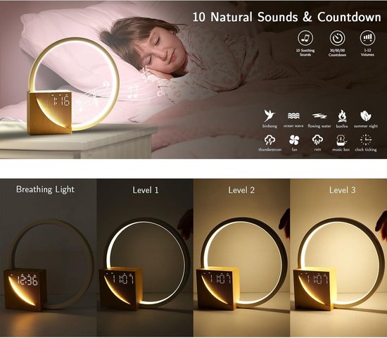 Wekker Zonsopgang - Natuurlijke Alarm - Rustig Ontwaken - Dubbele Alarmen - 10W USB Poort - Houtnerf — afbeelding 4