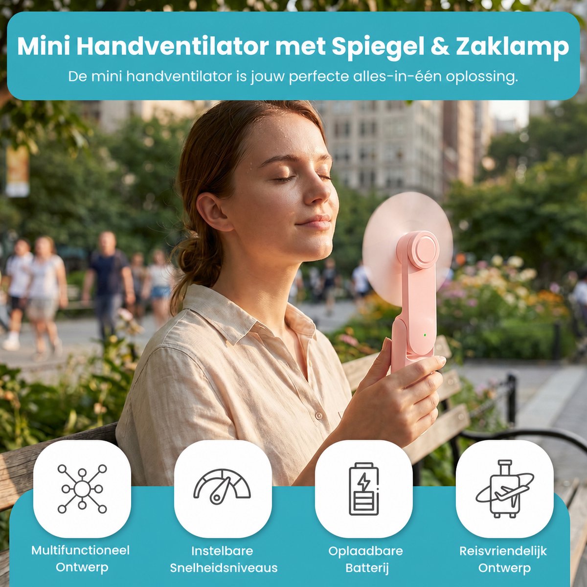 Twenty4seven® Mini Handventilator met Spiegeltje en Zaklamp - Draagbare Ventilator Oplaadbaar - Waaier Handwaaier - Tafelventilator Draadloos - Hand Fan met 3 standen — afbeelding 2