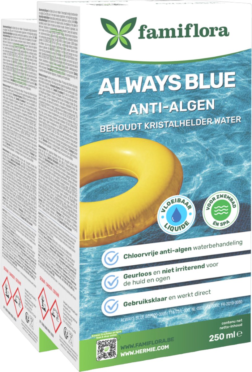 Famiflora Always Blue Anti-alg & Groenverwijderaar - 2 x 250 ml (= +/- 28.500L water) Chloorvrij - Voor zwembad en spa - Geen rode ogen of huidirritatie - 100% Chloorvrij en geurloos