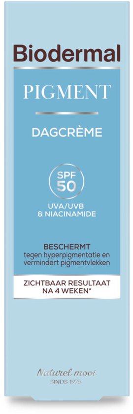 Doos Biodermal Pigment Dagcrème SPF 50 met niacinamide. Beschermt tegen hyperpigmentatie en vermindert pigmentvlekken.