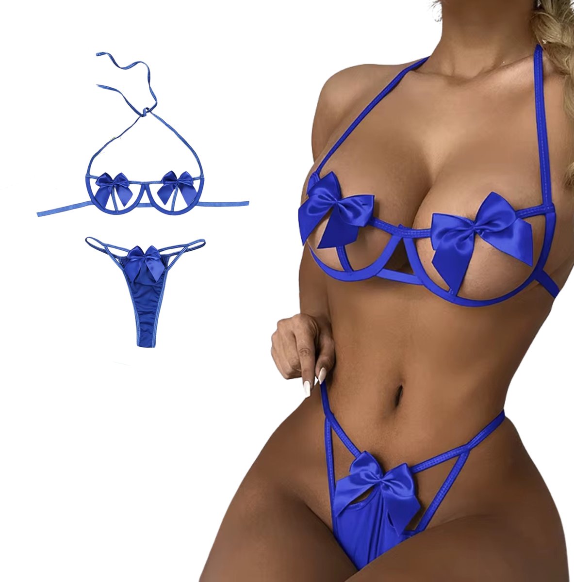 Sexy Dames Lingerieset – Blauw - Met Strikken – Tweedelige Lingerie Set - Halter Bralette Met Strikjes - String - Ondergoed Voor Vrouwen - Maat XL