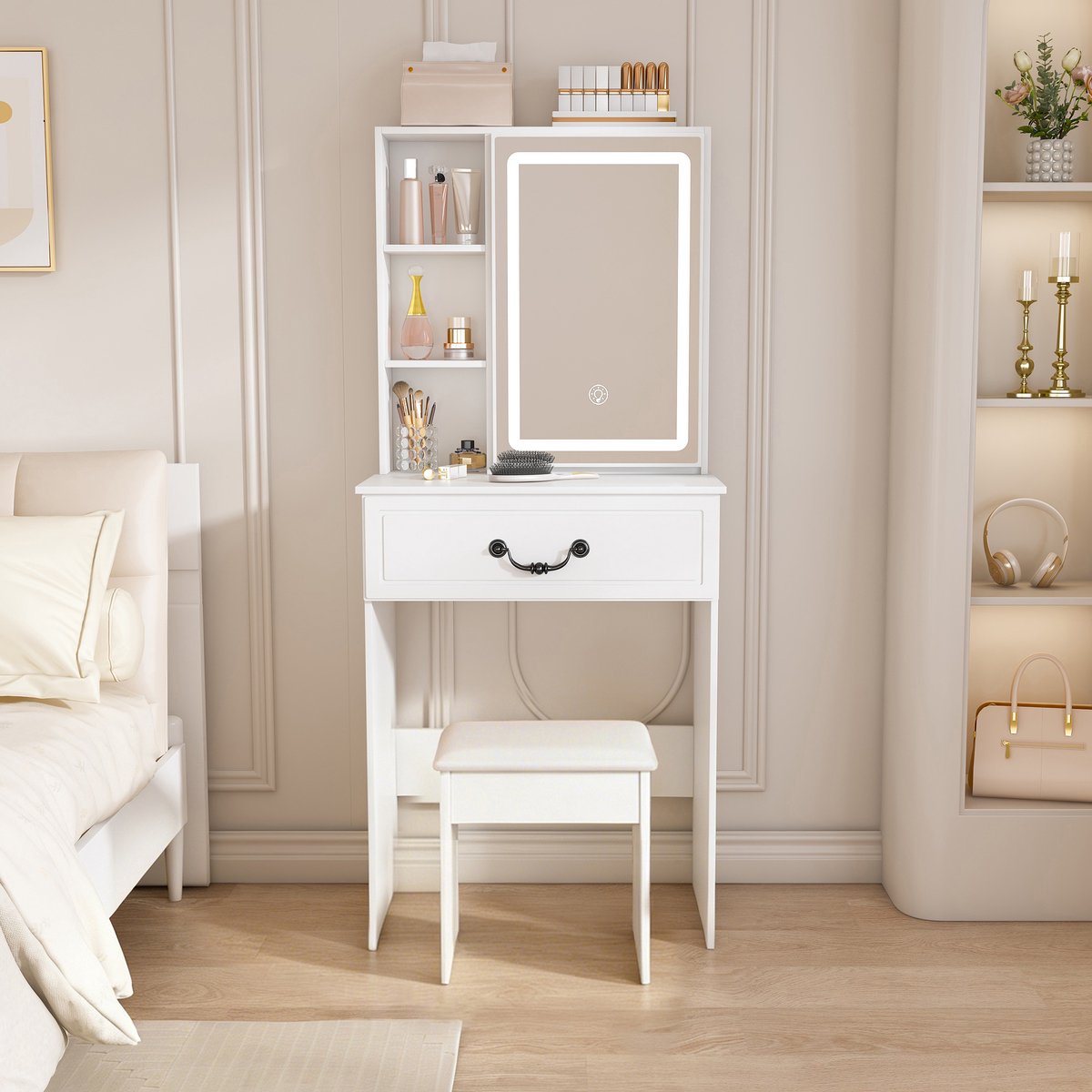 Kaptafel Set Met Spiegel - Dimbare LED Make Up Tafel - Wit - Compact Design