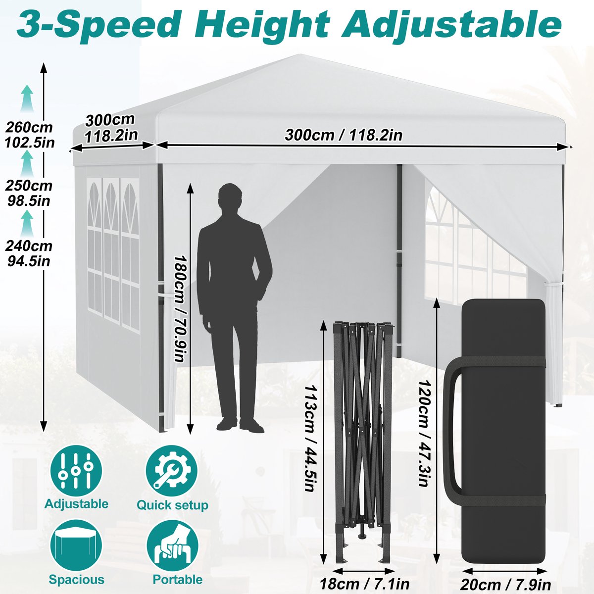 Froadp 3 x 3 m One-Touch Opvouwbare Partytent Inclusief 6 Zijpanelen Tent Tuinpaviljoen Geschikt voor binnenplaatsen & tuinen Voor buitengebruik Wit