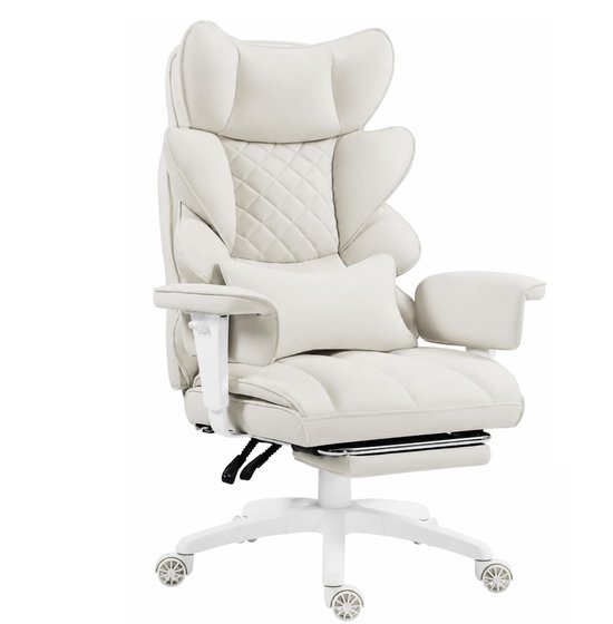 Dowinx Gamingstoel - Ergonomische Bureaustoel - Pocketvering Zitkussen - Dubbele Zachte Rugleuning - Verstelbaar Lendenkussen - Armleuningen - Voetsteun - PU - Wit