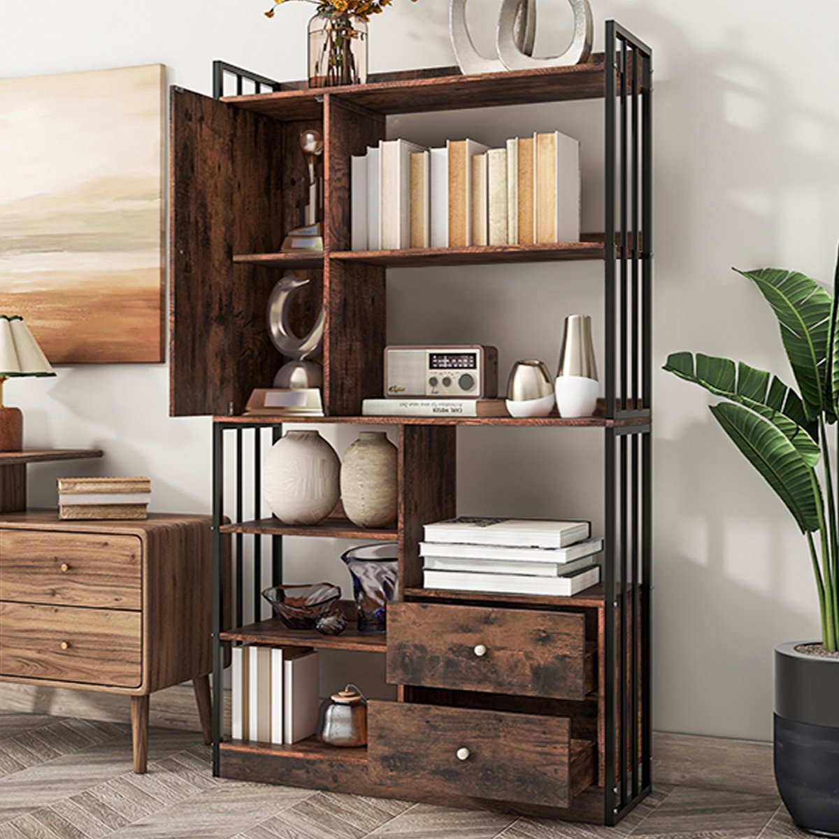 Wishdor Boekenkast - Met Ruime Open Vakken, Lades En Kastvakken - Industriële Uitstraling - Voor Woonkamer Of Werkkamer - Spaanplaat En Metaal - Zwart Bruin
