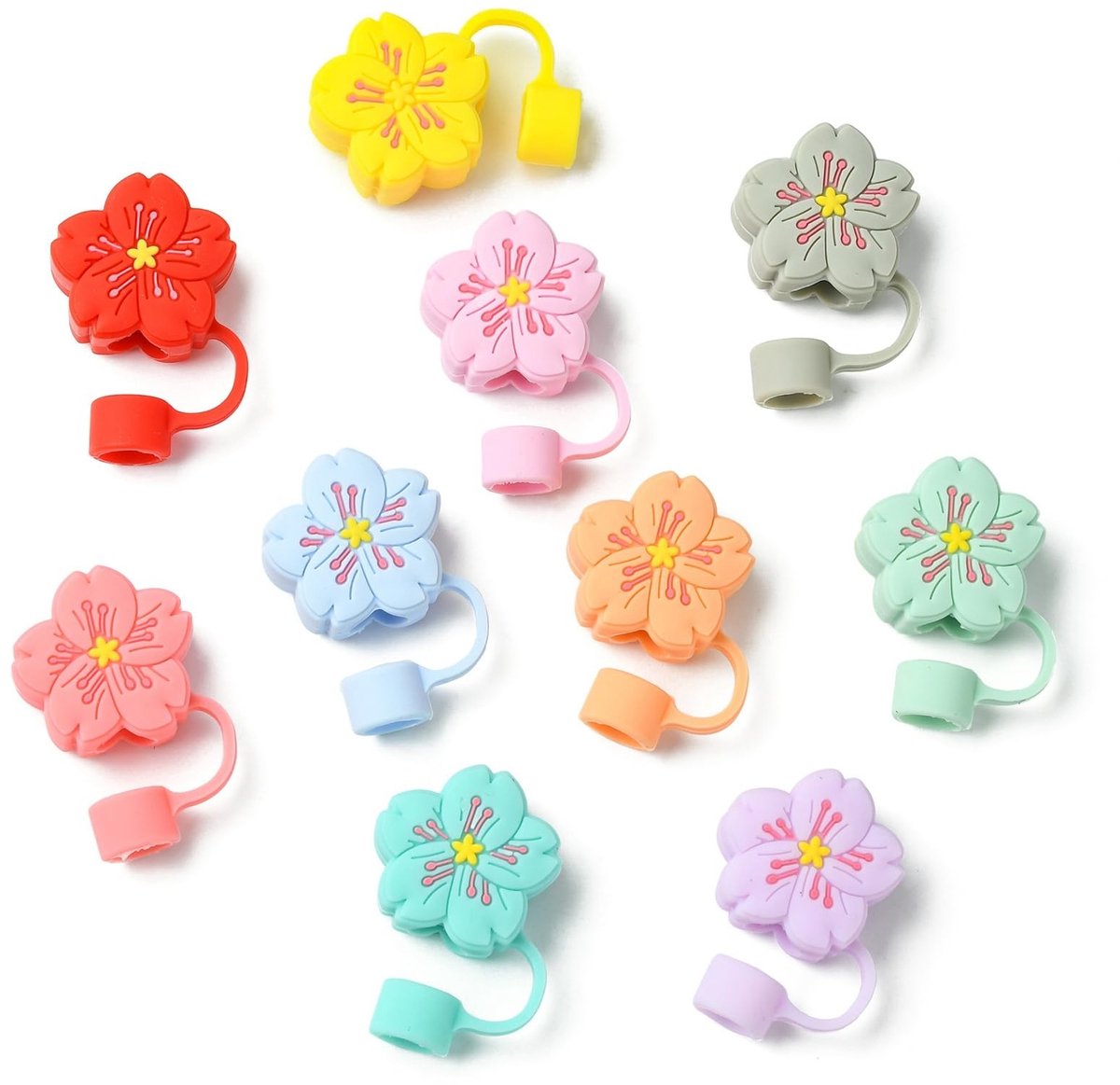 Dailygoods - Cosensi - Dailygoody - Bloem Siliconen Rietjesafdekkapjes - Herbruikbare Rietjes Toppers - 11 Stuks - Stofdicht - Geschikt voor Tumblers - Diverse Kleuren