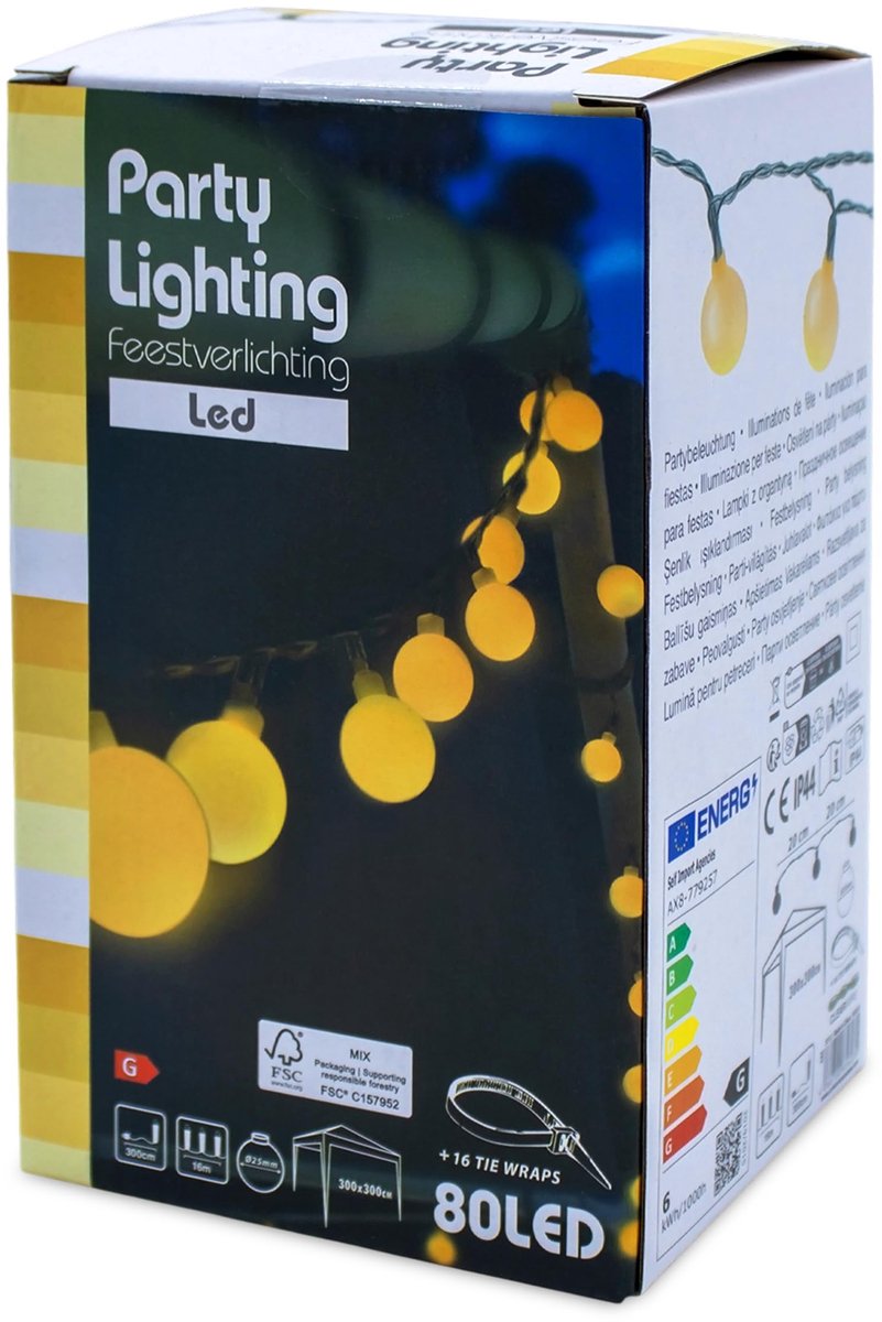 Dailygoods - Dailygoody - Led-lichtsnoer - Feestverlichting - Warm wit - 80 bollen - Tuinverlichting - Buitenverlichting voor paviljoen - Ca. 16 m