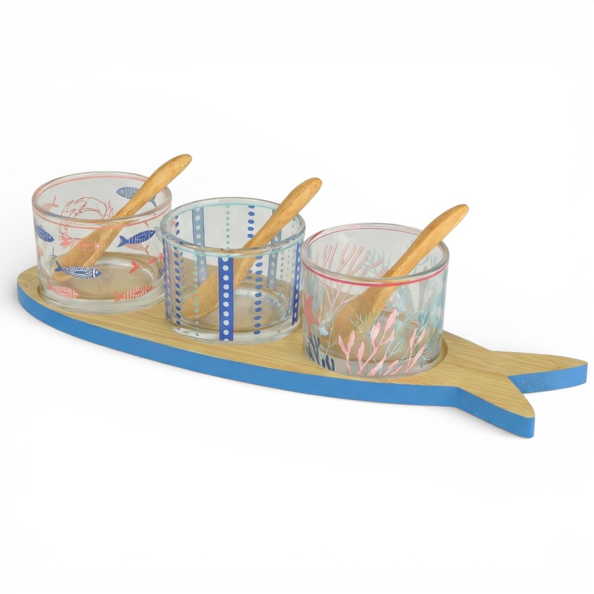 Dailygoods - 4-delige Serveerset van Glas en Hout met Maritiem Design