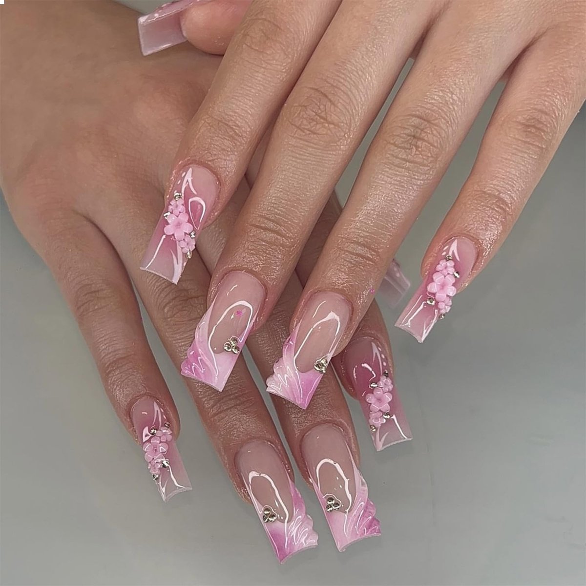 Dailygoods - Druk Op Lange Vierkante Kunstnagels met Bloemendesign