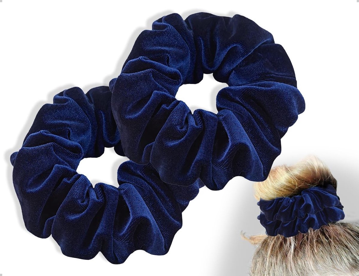 Dailygoods - Set van 2 Dikke Fluwelen Haarelastiekjes in Marineblauw