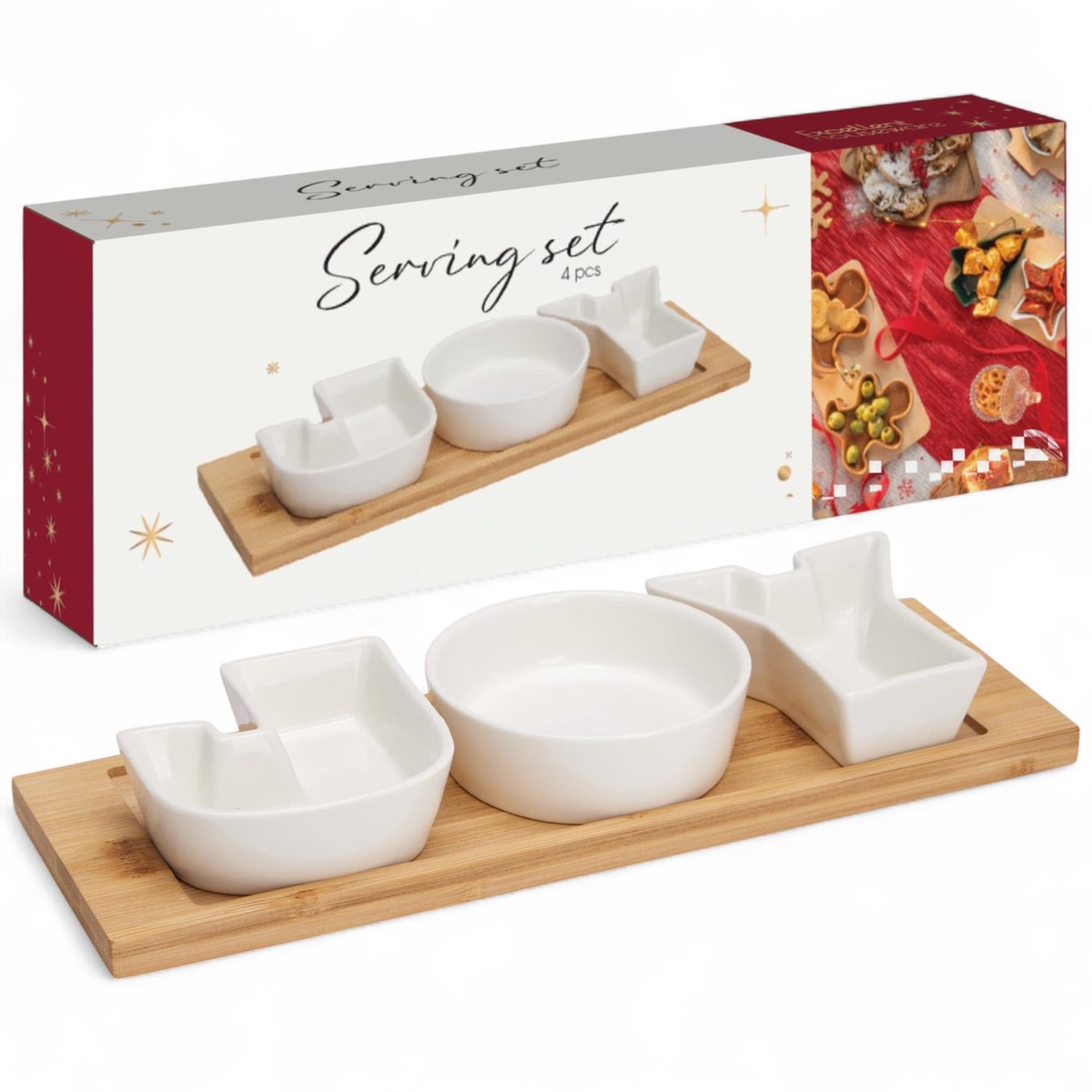 Dailygoods - Feestelijke Serveerset JOY in Porselein met Houten Dienblad
