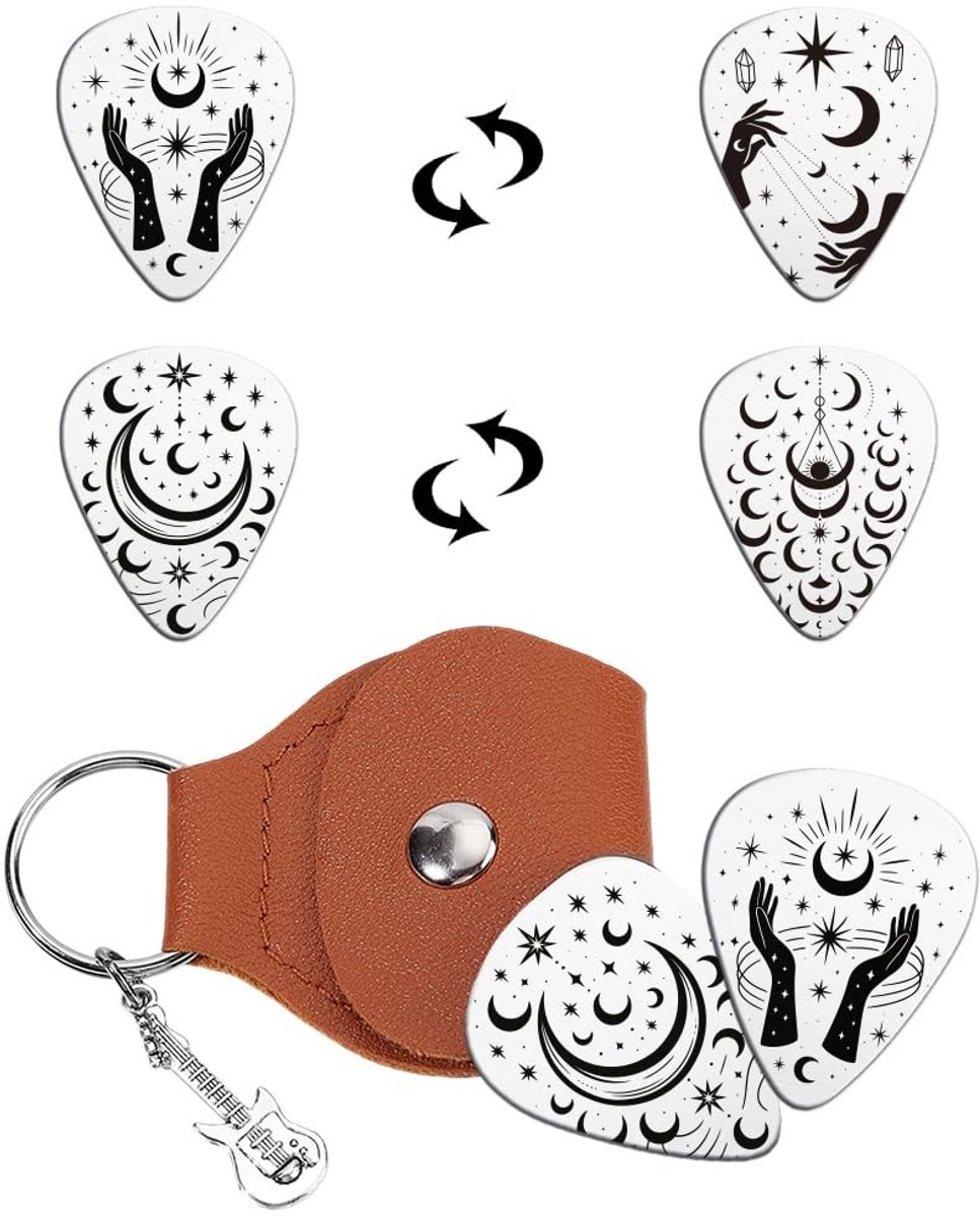 Dailygoods - Set van 2 Gitaar Picks met Sleutelhanger en Lederen Case
