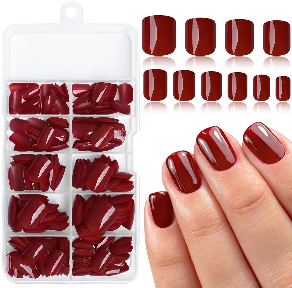 Dailygoods - Set van 240 Bordeauxrode Korte Nepnagels met Plakstrip