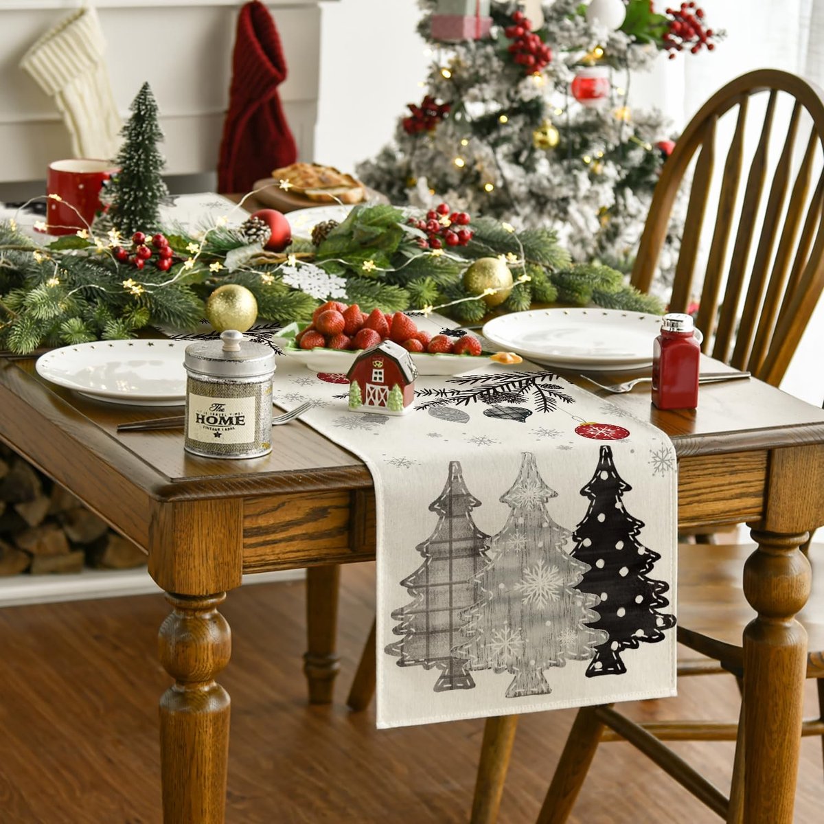 Dailygoods - Grijze Tafelloper met Bomen voor Kerstdecoratie