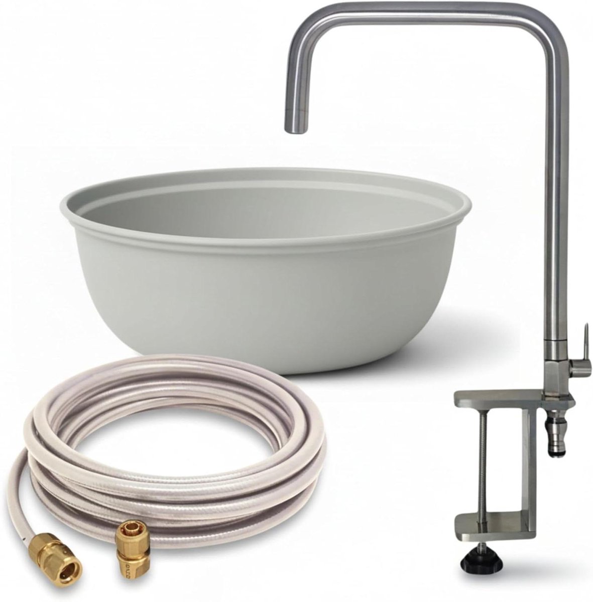 Buitenkeuken Set - Mobiele Wasbak - Flexibele Wateraansluiting - Compleet Met Kraan - 33x13 cm - Greige