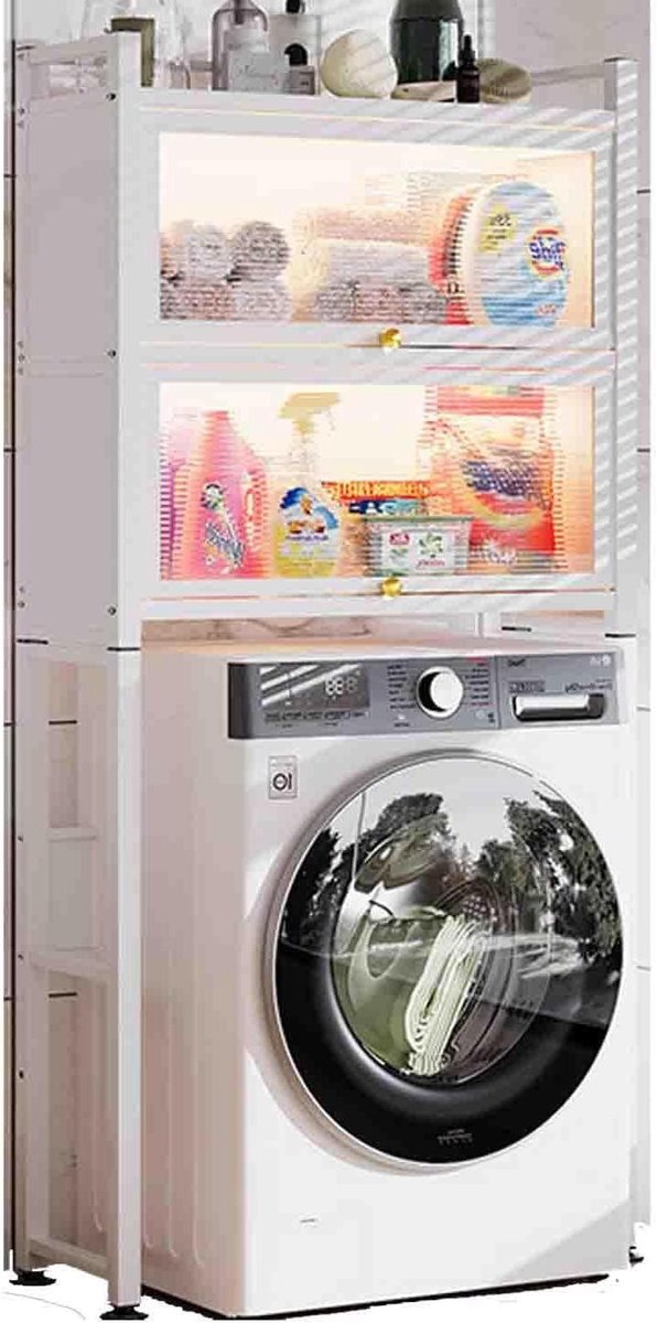 Wasmachine Opbergrek - Badkamer Unit - Ruimte Organiseren - Flexibele Hoogte - 3 Planken - Wit
