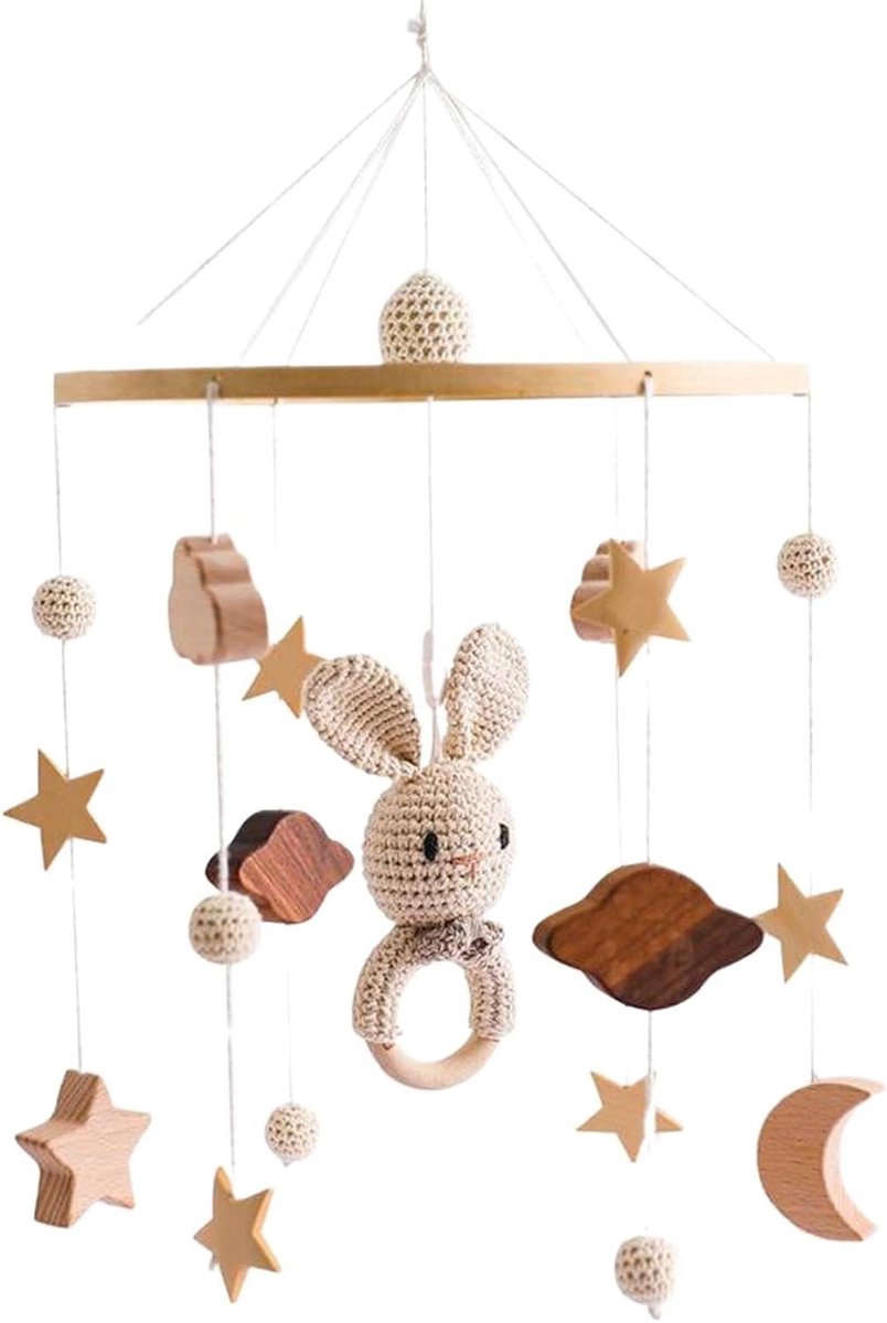 Babybedje mobiel, mobiele hanger voor wiegje, Houten Moon Stars wieg mobiel, Windgong Kindermobielen, Wiegspeelgoed Kinderkamerdecoratie, Wiegaccessoires, Bedbelhanger voor visuele stimulatie