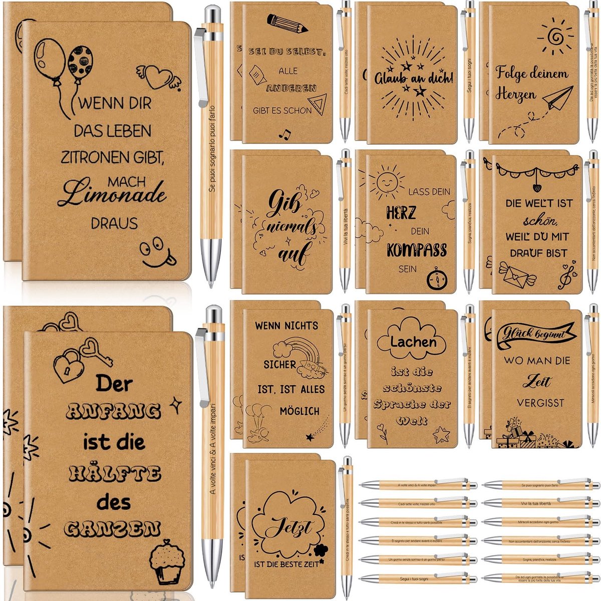 Dailygoods - Dailygoody - Set van 24 bedankcadeaus - Inspirerende notitieblokken - Kraftpapier - Mini-notitieblok en pennen - Bedankjes voor collega's en leraren -..