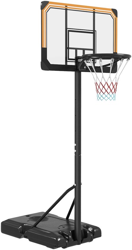 Basketbalpaal met verstelbaar bord (71x45cm) en ring (39cm), met rode en blauwe netjes. Hoogte 235-264cm.