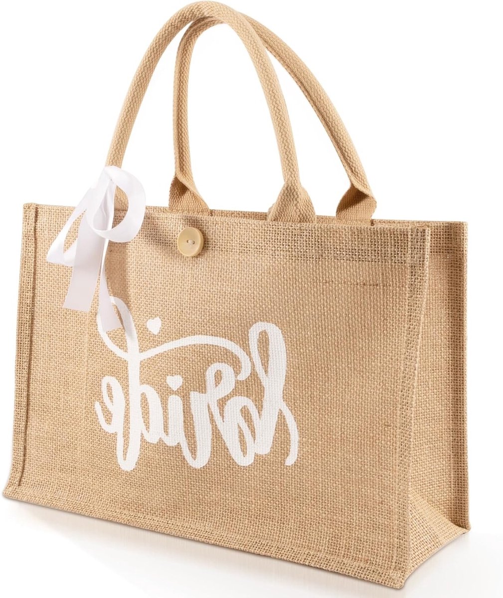 Jute Tote Bag voor Bruidsaccessoires met Inscription, Witte Strik en Make-up Tas voor Bruid, Perfect voor Vrijgezellenfeest en Bruiloft