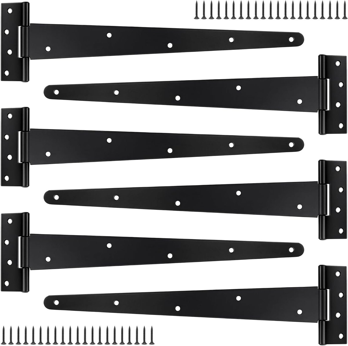 Zwarte T-scharnieren 400 mm (16 inch) - 6 stuks zware poortscharnieren voor houten deuren en tuinpoorten, inclusief schroeven en accessoires