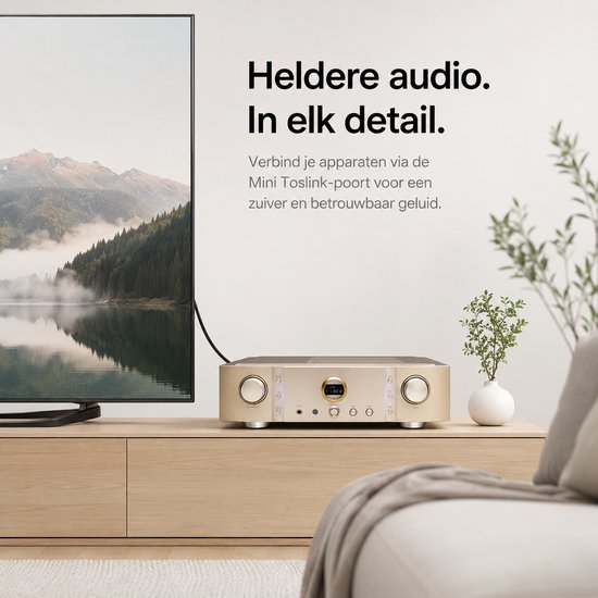 Gouden audiospeler met knoppen en scherm, naast een TV. "Heldere audio. In elk detail."