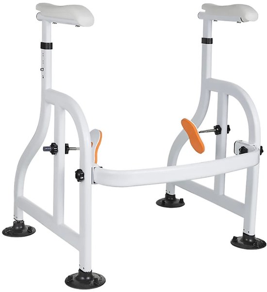 Witte toiletsteun met witte armleuningen en oranje accenten. Het frame is op de vloer met zwarte zuignappen.