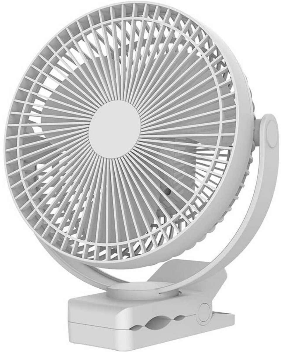 TOVBMUP 10000 mAh Clip On Ventilator - Stille Wandventilator - Draagbare USB Ventilator - 4 Snelheden - Met Batterij - 360° Rotatie - Tafelventilator voor Thuis, Kantoor, Kinderwagen, Camping, Kweektent - 20cm - Wit