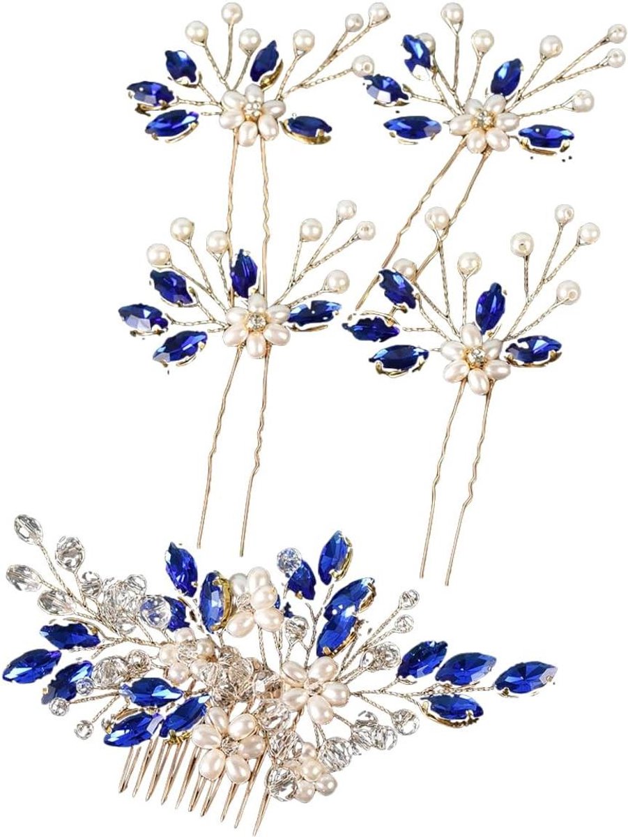 Bruid Haarclips - Bruiloft Sieraden - Feestelijke Kapsels - Elegant Design - 5 Delig - Blauw