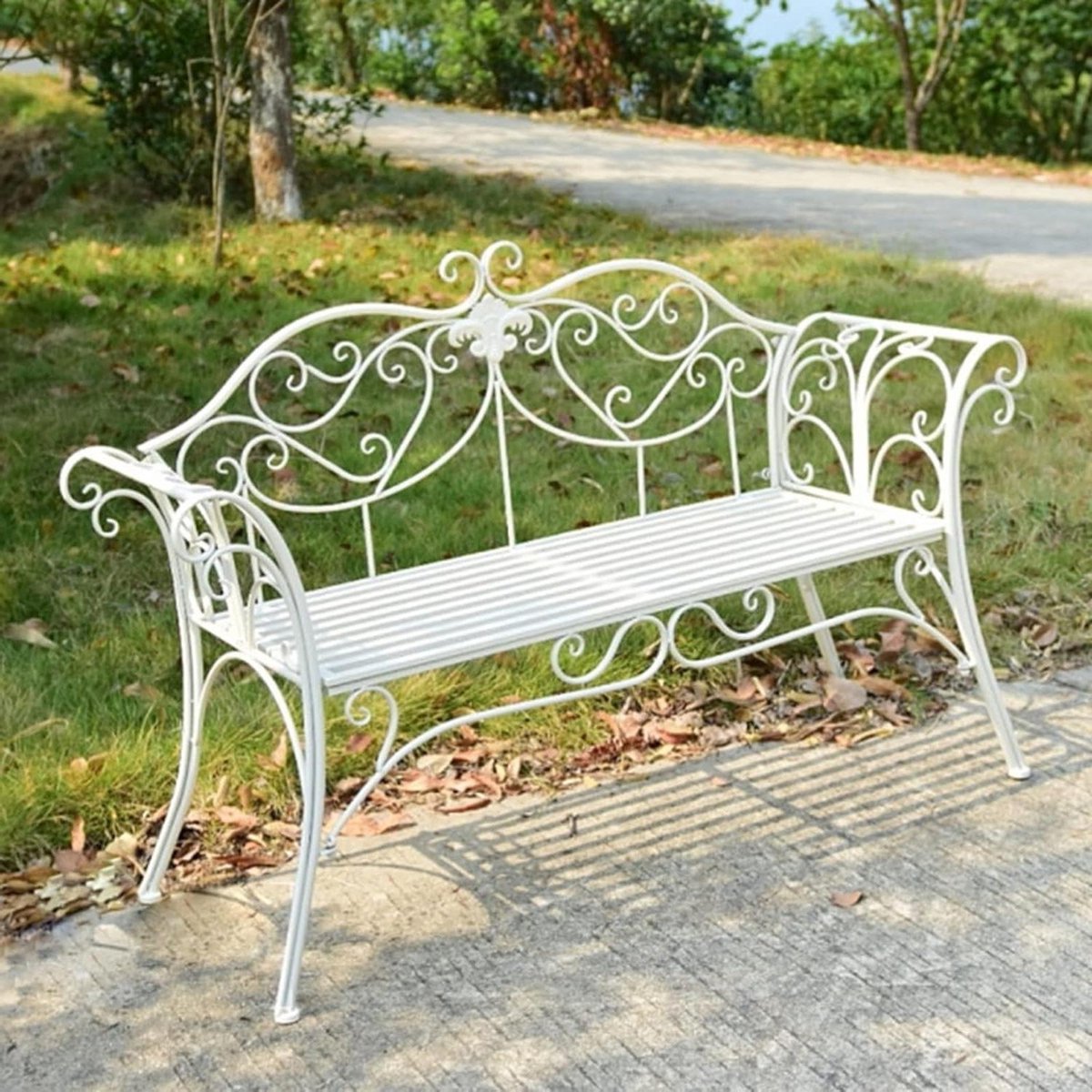 Metalen Tuinbank - Tweepersoons Bank - Buiten Zitten - Gebogen Rugleuning - 133 cm Breed - Wit