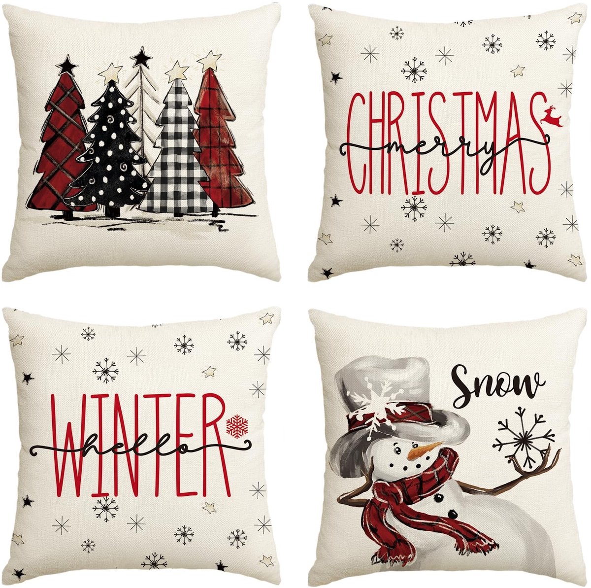 Dailygoods - Dailygoody - Kussenslopen - Kerstdecoratie - 45 x 45 cm - Sneeuwpop en Sneeuwvlokken - Set van 4 Kussenslopen - Geschikt voor Woonkamer en Slaapkamer