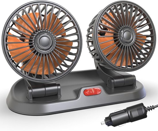 Dubbele ventilator voor auto's, 24V - borstelloze motor - 2 snelheden, 360° rotatie, voor autodashboard, krachtige koeloplossing voor SUV's/campers/vrachtwagens/busjes, dieselauto's, werkt op sigarettenaansteker (2 koppen, 24V)