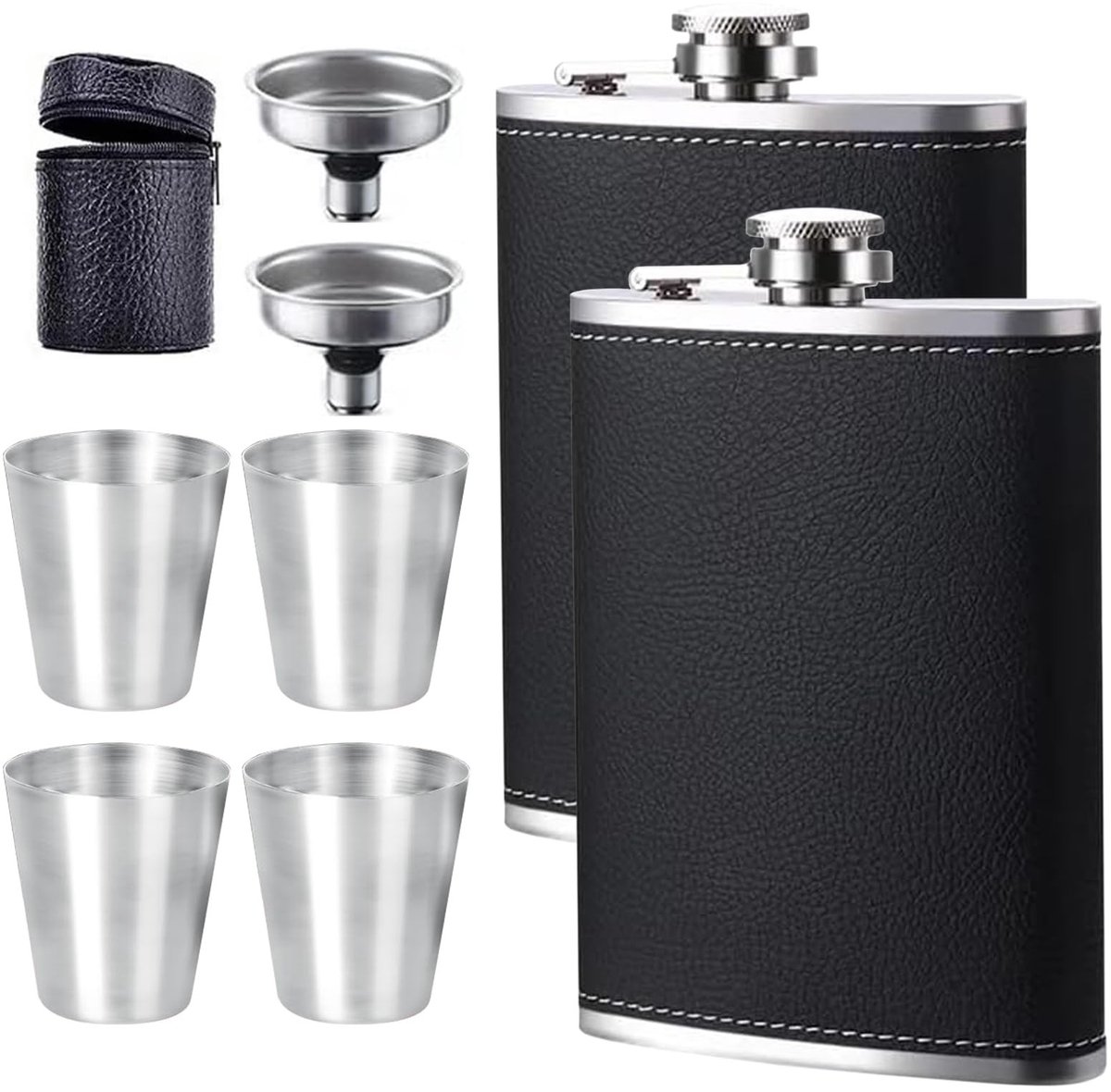 Dailygoods - Set van 2 Roestvrij Stalen Heupflessen met Trechter en Wijnglazen