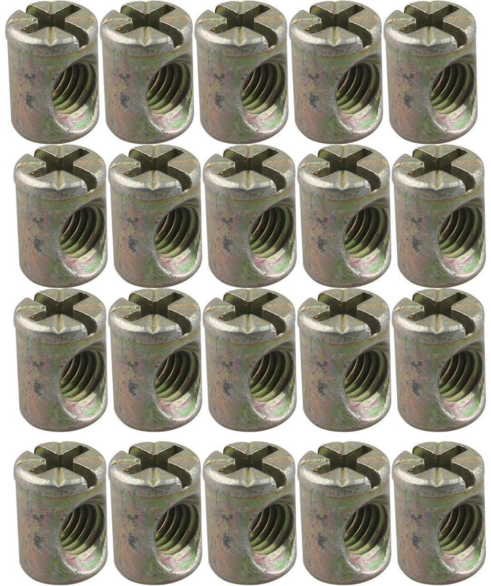 Dailygoods - Dailygoody - M6 Cross Dowels - Meubelmontage - Duurzaam Koolstofstaal - 20 Stuks - Slotted Noten - Geschikt voor Bedden en Stoelen - 13 mm