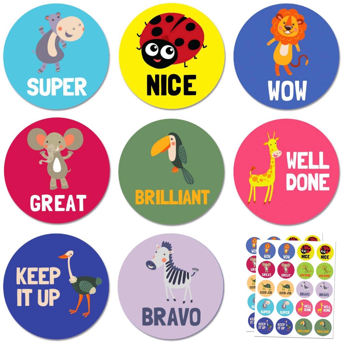 Dailygoods - Dailygoody - 400 Stuks Beloningsstickers - Motiverende Berichten - Perfect voor Kinderen - 25mm - Dierenontwerpen - Inspiratie voor Kinderen - Leuke S