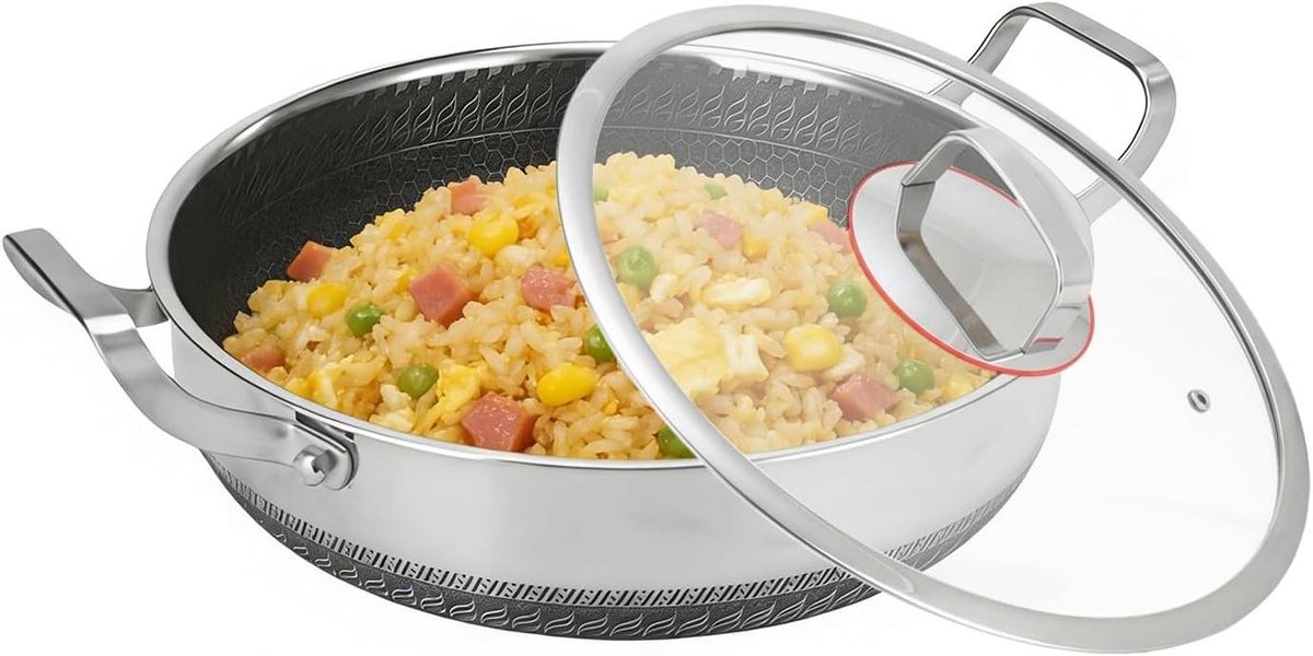 Anti-aanbakpan Met Deksel - Roestvrijstalen Koekenpan - Veelzijdig Koken - Hittebestendige Handgrepen - Tot 30cm - Zilver
