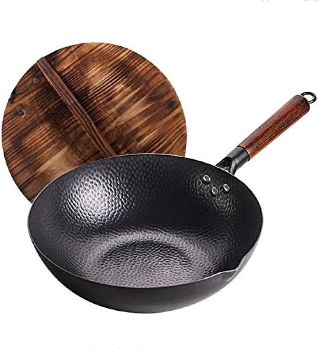 Wokpan Koolstofstaal Oosterse Pan Authentiek Koken Handgehamerd Ambacht 32 cm Diameter Zwart