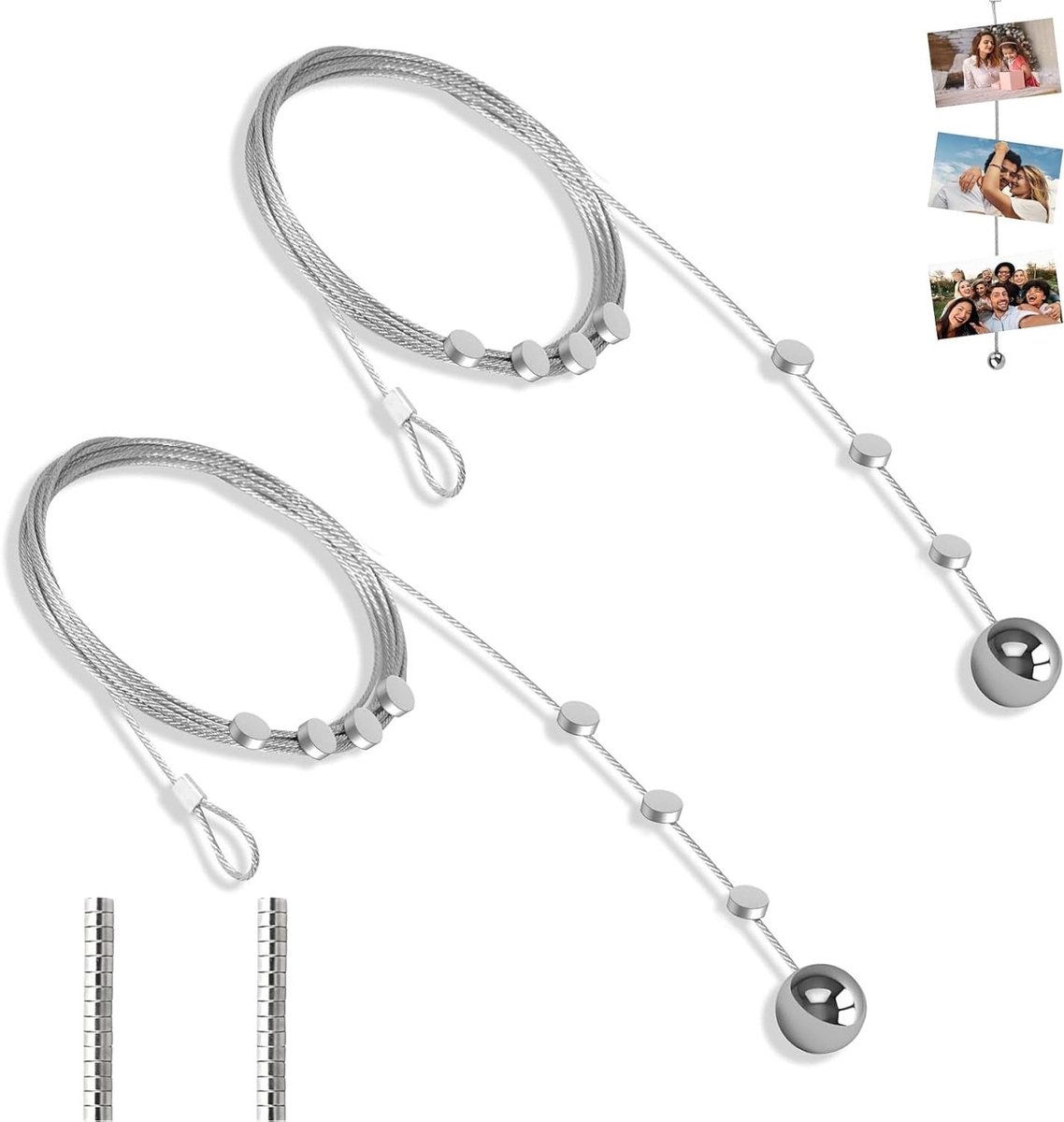 2 Stuks Foto Hangdraad met 30 Magneten, Rvs Kabel voor Foto's, Postkaarten en Decoratie (2 m x 1.5 mm)