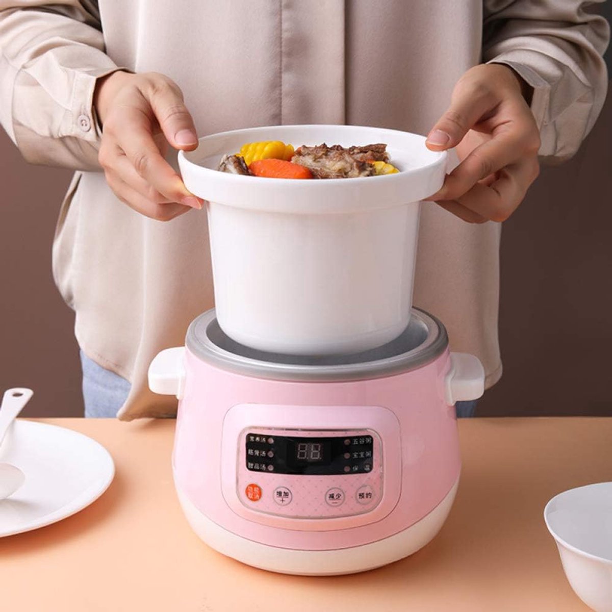 Elektrische Kookpan - Multicooker Stoofpan - Langzaam Koken - 95 Uur Timer - 12 Liter - Roze – foto 5