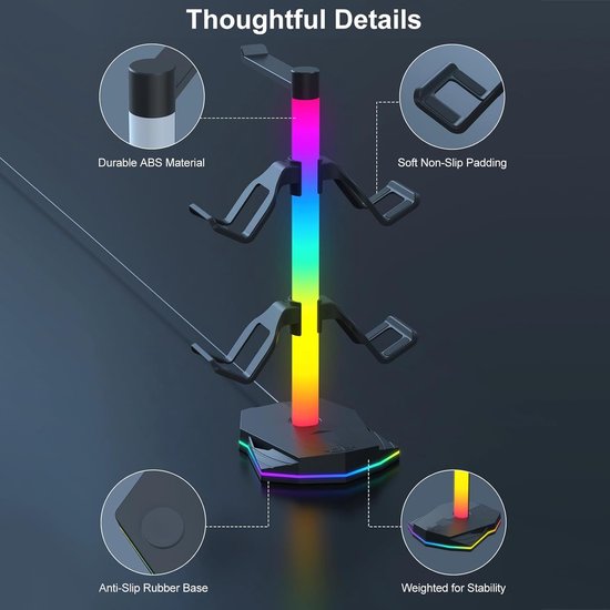 Hoofdtelefoonstandaard - Controllerhouder - Bureau Organizer - Met RGB Verlichting - 31 cm - Zwart — afbeelding 3