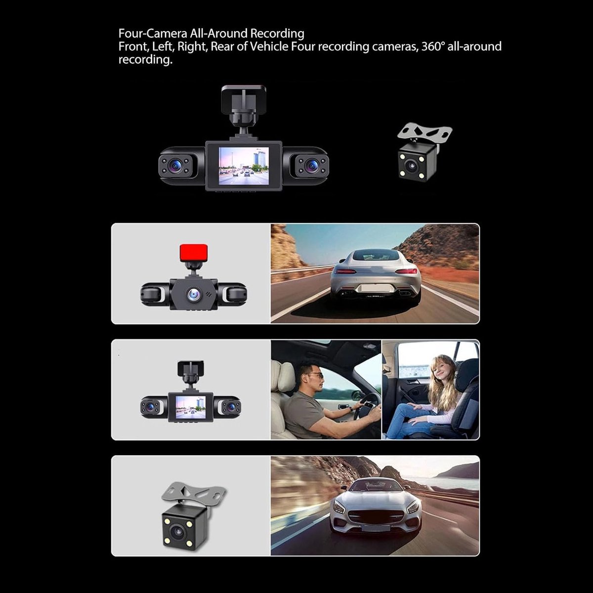 4-kanaals Dashcam - Auto camera - Veiligheid onderweg - Volledige voertuigdekking - 1080P HD - Zwart – foto 3