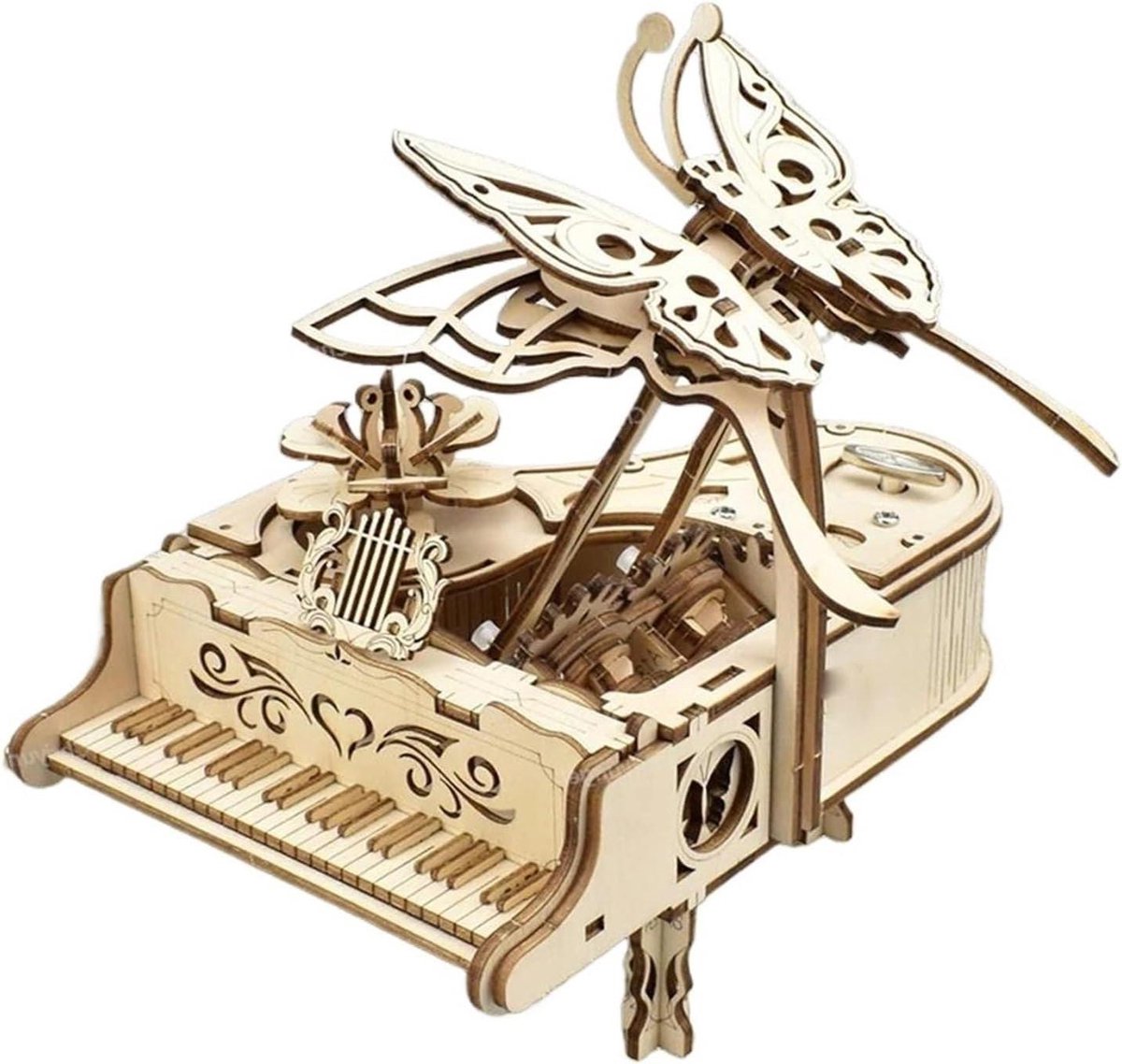 Houten Muziekdoos - Piano Model - Decoratie Maken - Dansende Vlinders - 30 cm Pakket - Houtkleur