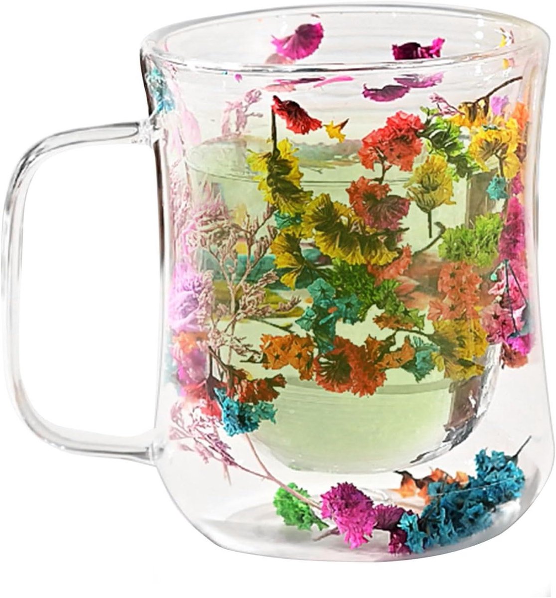 Dubbelwandige mok - Thee glas - Warme dranken - Gedroogde bloemen - 400 ml - Helder