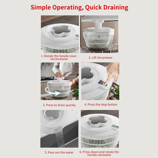 Slacentrifuge - Groentecentrifuge Droogkom - Maaltijd Voorbereiding - Snelle Vochtverwijdering - 5 Liter - Transparant — afbeelding 4