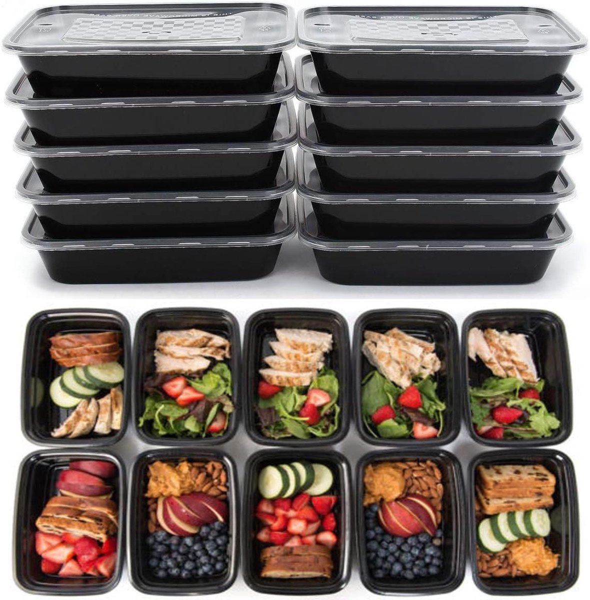 Maaltijd Bereder Bakjes - Voedsel Containers - Maaltijden Voorbereiden - Magnetron & Koelkast Geschikt - 10 Stuks 16oz - Zwart