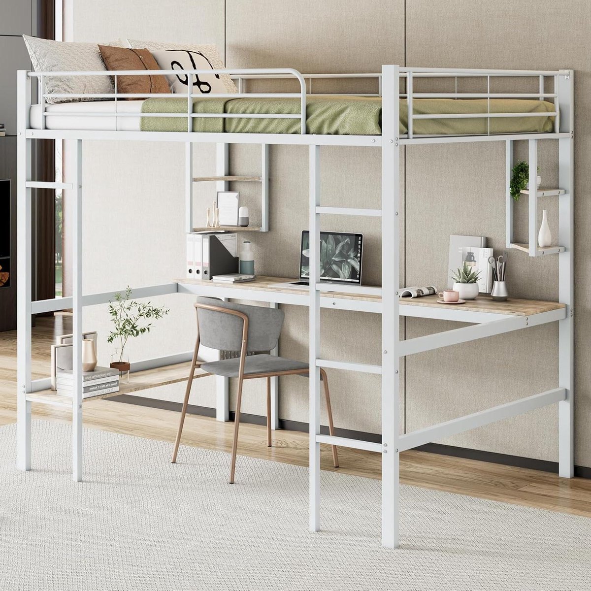 Hoogslaper Bed - Metaal IJzer - Ruimte Besparen - Met Bureau - 140x200 cm - Wit